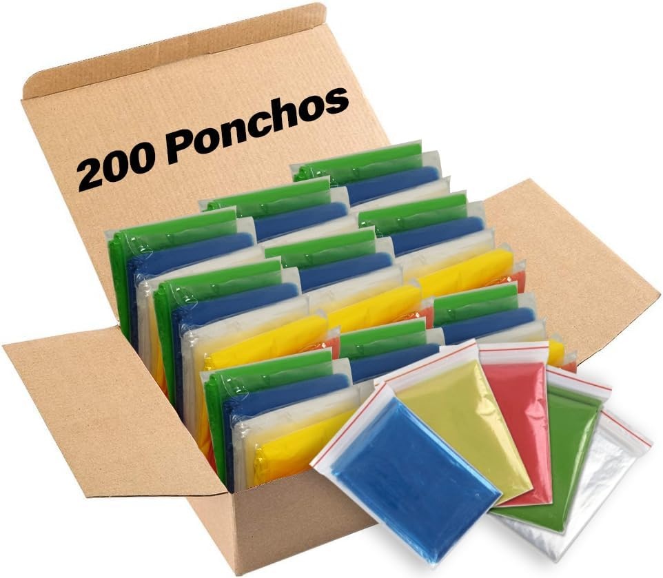 image:imageTrail maker Bulk Rain Ponchos for Adults 200 Pack 100 Waterproof Emergency Disposable Wholesale Rain Coat Ponchos with HoodAssorted Colors