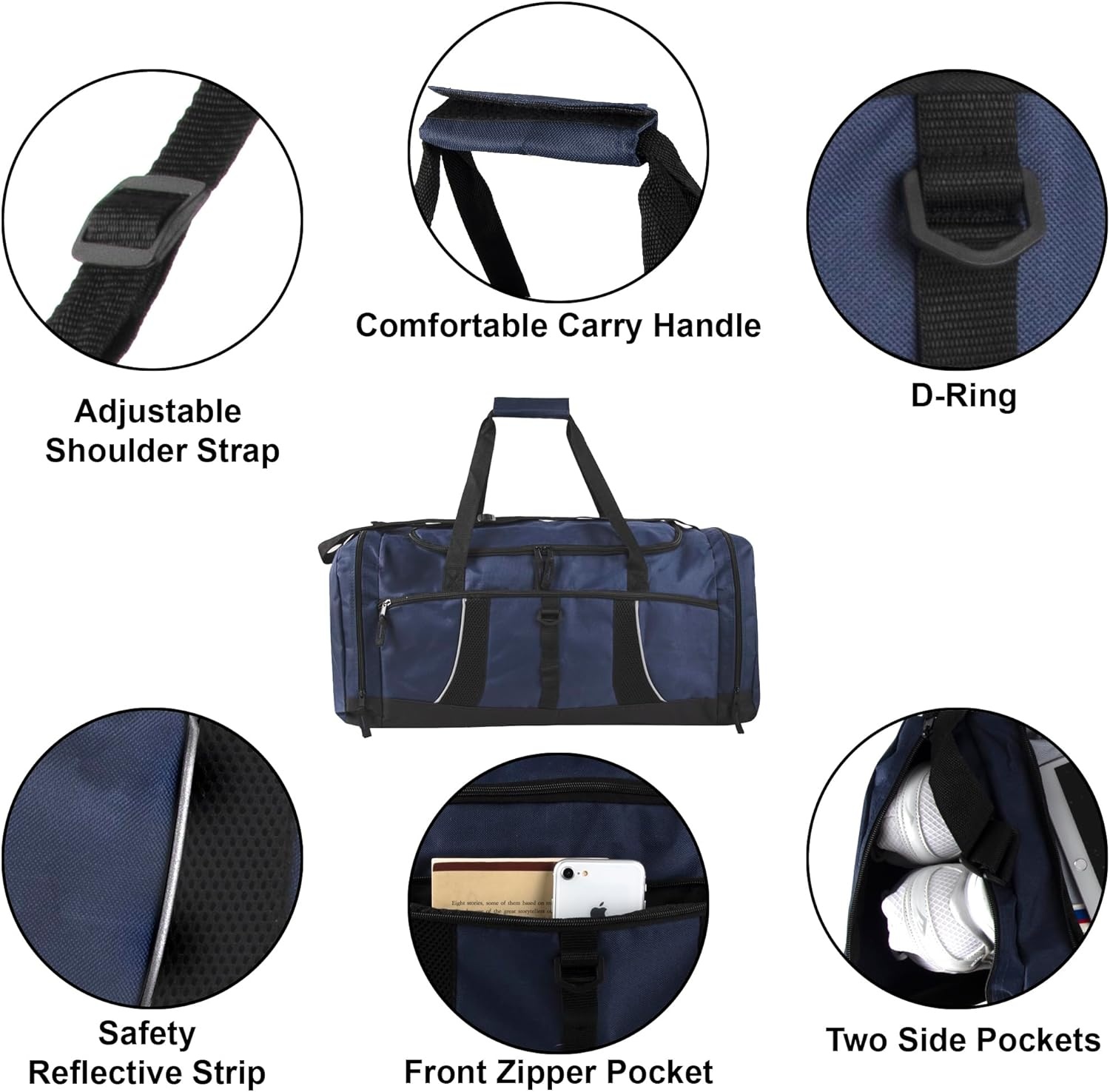 image:image24 pack Extra Large 26 Inch 79 Liter Duffel Bags 48 Inch Shoulder Strap Reflective Piping for Travel Gym Sports Track Field in Navy BlueAssorted Colors